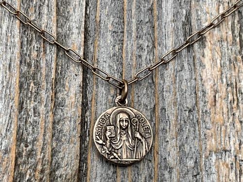 Fertility Saint Colette of Corbie Small Bronze Antique Replica Medal and Necklace, By French Artists Penin & Karo, 2-sided Medallion Charm