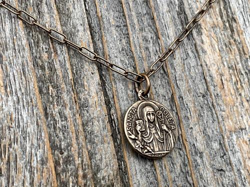 Fertility Saint Colette of Corbie Small Bronze Antique Replica Medal and Necklace, By French Artists Penin & Karo, 2-sided Medallion Charm