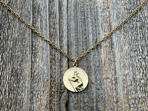 Gold Archangel Raphael & St Christopher Gold Medallion Necklace, Antique Replica Protection 2-sided Medal, Saint Healing, Saint Safe Travels