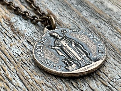 Bronze St Nicolas French Medallion Necklace, Antique Replica Saint Nicholas Medal, Patron Saint of Children, From France, Penin and Karo