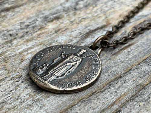 Bronze St Nicolas French Medallion Necklace, Antique Replica Saint Nicholas Medal, Patron Saint of Children, From France, Penin and Karo