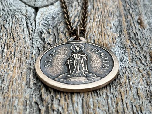 Bronze St. Dymphna Medal, Saint Dymphna Pendant, St Dymphna Necklace, Antique Replica, Patron Saint of Anxiety, Saint of Mental Illness