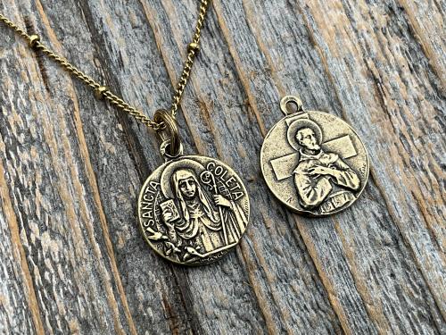 Fertility Saint Colette of Corbie Small Gold Antique Replica Medal and Necklace, By French Artists Penin & Karo, 2-sided Medallion Charm