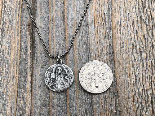 Fertility Saint Colette of Corbie Small Sterling Silver Antique Replica Medal and Necklace, By French Artists Penin & Karo 2-sided Medallion