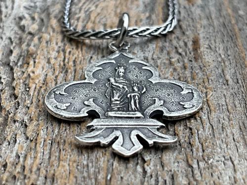 Sterling Silver St Anne Medallion Necklace, Fleur de Lis Pendant, Antique Replica Medal, Grandmother of Jesus, Patron Saint of Grandmothers