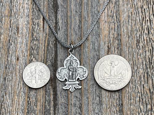 Sterling Silver St Anne Medallion Necklace, Fleur de Lis Pendant, Antique Replica Medal, Grandmother of Jesus, Patron Saint of Grandmothers