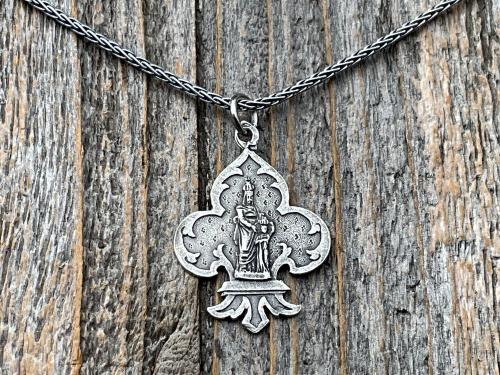 Sterling Silver St Anne Medallion Necklace, Fleur de Lis Pendant, Antique Replica Medal, Grandmother of Jesus, Patron Saint of Grandmothers