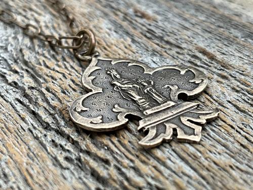 Bronze St Anne Medallion Necklace, Fleur de Lis Pendant, Antique Replica Medal, Patron Saint of Grandmothers, Mother’s Day Gift for Grandma