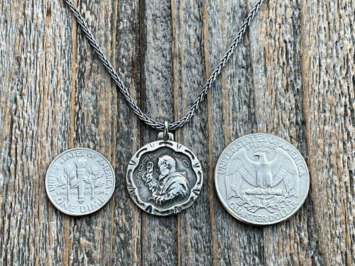 Sterling Silver Saint Padre Pio Antique Replica Medal Pendant Necklace, Saint Pius of Pietrelcina Medallion, Pray Hope and Don't Worry