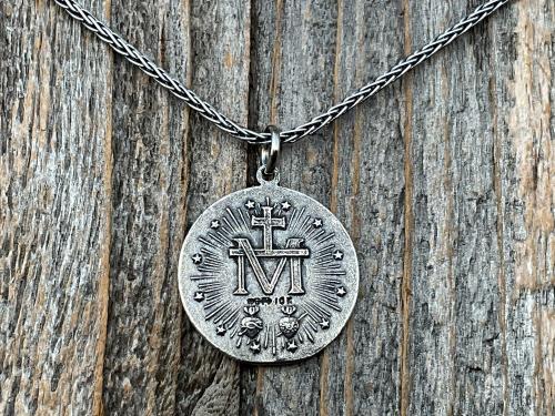 Sterling Silver Round Miraculous Medal Pendant Necklace, Antique Replica Circle Medallion, O Mary Conceived Without Sin Pray for Us, MM2