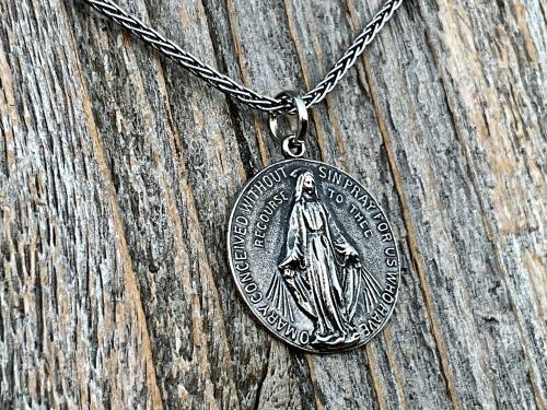 Sterling Silver Round Miraculous Medal Pendant Necklace, Antique Replica Circle Medallion, O Mary Conceived Without Sin Pray for Us, MM2