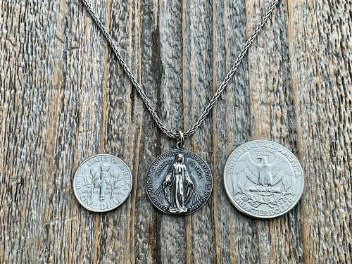 Sterling Silver Round Miraculous Medal Pendant Necklace, Antique Replica Circle Medallion, O Mary Conceived Without Sin Pray for Us, MM2