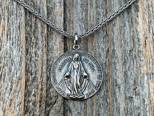 Sterling Silver Round Miraculous Medal Pendant Necklace, Antique Replica Circle Medallion, O Mary Conceived Without Sin Pray for Us, MM2