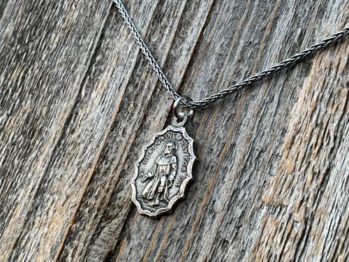 St. Peregrine Pray for Us Sterling Silver Antique Replica Medal Necklace - Patron Saint of Cancer - Saint Peregrinus Laziosi, St Pellegrino