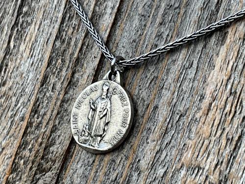 Sterling Silver St Nicolas French Medallion Necklace, Antique Replica Saint Nicholas Medal, Patron Saint of Children, France, Penin and Karo