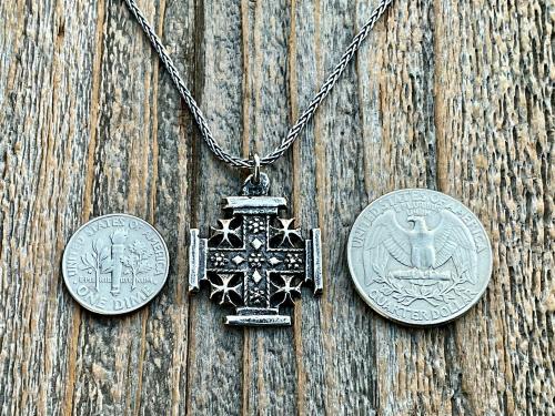 Sterling Silver Jerusalem Cross Pendant Necklace, Antique Replica Medal, Five-Fold Cross, Five Wounds of Christ Cross, Cross-and-Crosslets