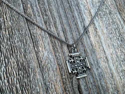 Sterling Silver Jerusalem Cross Pendant Necklace, Antique Replica Medal, Five-Fold Cross, Five Wounds of Christ Cross, Cross-and-Crosslets