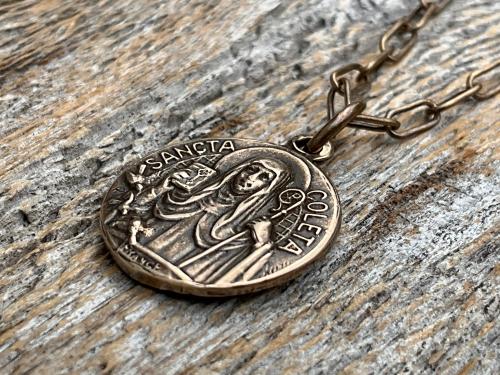 Fertility Saint Colette of Corbie Small Bronze Antique Replica Medal and Necklace, By French Artists Penin & Karo, 2-sided Medallion Charm