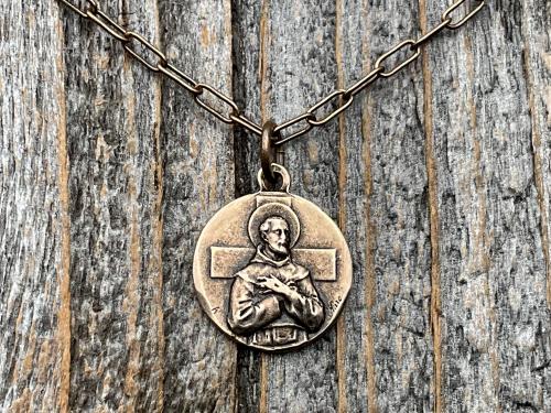 Fertility Saint Colette of Corbie Small Bronze Antique Replica Medal and Necklace, By French Artists Penin & Karo, 2-sided Medallion Charm