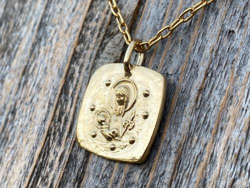 Gold Mother Mary and Baby Jesus Medallion and Necklace, Antique Replica of French Artist Elie Pellegrin Smaller Medal with Fleur de Lis