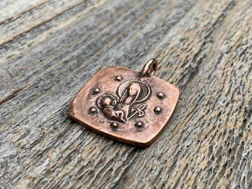 Antiqued Copper Mary Mother & Baby Jesus Medallion Necklace, Antique Replica of French Artist Elie Pellegrin Smaller Medal with Fleur de Lis