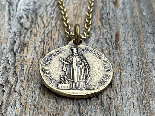 Antiqued Gold St Nicolas French Medallion Necklace, Antique Replica Saint Nicholas Medal, Patron Saint of Children, From France, Penin Karo