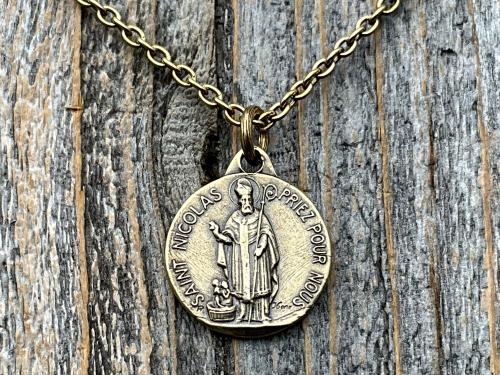 Antiqued Gold St Nicolas French Medallion Necklace, Antique Replica Saint Nicholas Medal, Patron Saint of Children, From France, Penin Karo