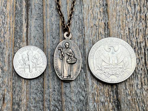 Bronze Saint Martin of Porres Medallion Pendant Necklace, Antique Replica, Oval 2-sided Martinus de Porres & Queen of the Holy Rosary Medal