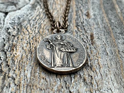 Bronze Saint Martin of Porres Medallion Pendant Necklace, Antique Replica, Oval 2-sided Martinus de Porres & Queen of the Holy Rosary Medal