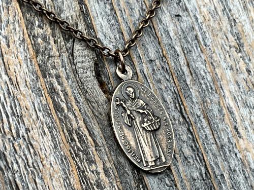 Bronze Saint Martin of Porres Medallion Pendant Necklace, Antique Replica, Oval 2-sided Martinus de Porres & Queen of the Holy Rosary Medal