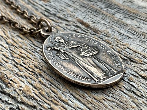 Bronze Saint Martin of Porres Medallion Pendant Necklace, Antique Replica, Oval 2-sided Martinus de Porres & Queen of the Holy Rosary Medal