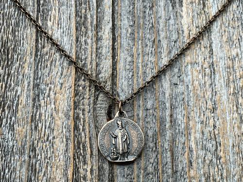 Bronze St Nicolas French Medallion Necklace, Antique Replica Saint Nicholas Medal, Patron Saint of Children, From France, Penin and Karo