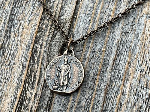 Bronze St Nicolas French Medallion Necklace, Antique Replica Saint Nicholas Medal, Patron Saint of Children, From France, Penin and Karo