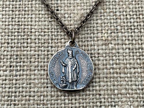 Bronze St Nicolas French Medallion Necklace, Antique Replica Saint Nicholas Medal, Patron Saint of Children, From France, Penin and Karo