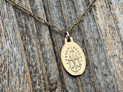 Gold Miraculous Medal Pendant Necklace, French Antique Replica Medallion, Signed by French Artist Ferdinand PY, Gold Bronze Our Lady Miracle