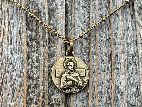 Fertility Saint Colette of Corbie Small Gold Antique Replica Medal and Necklace, By French Artists Penin & Karo, 2-sided Medallion Charm