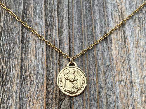 Gold St Michael Medallion Necklace, Antique Replica French Saint Michael the Archangel Pendant, Saint Michel from France, By PCH Chambault