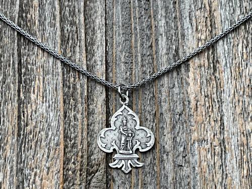 Sterling Silver St Anne Medallion Necklace, Fleur de Lis Pendant, Antique Replica Medal, Grandmother of Jesus, Patron Saint of Grandmothers