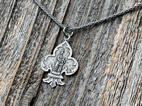 Sterling Silver St Anne Medallion Necklace, Fleur de Lis Pendant, Antique Replica Medal, Grandmother of Jesus, Patron Saint of Grandmothers