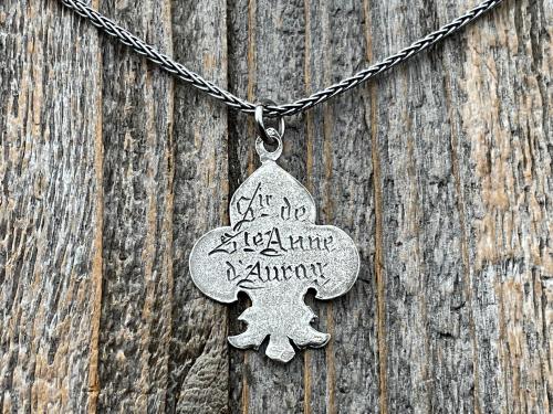 Sterling Silver St Anne Medallion Necklace, Fleur de Lis Pendant, Antique Replica Medal, Grandmother of Jesus, Patron Saint of Grandmothers