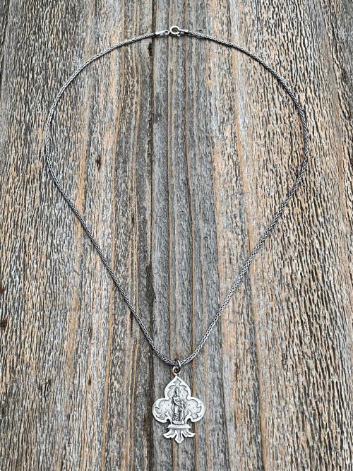 Sterling Silver St Anne Medallion Necklace, Fleur de Lis Pendant, Antique Replica Medal, Grandmother of Jesus, Patron Saint of Grandmothers