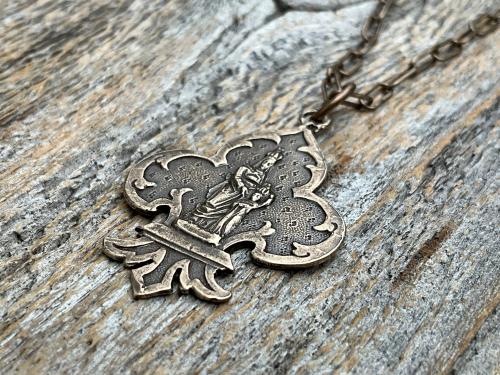 Bronze St Anne Medallion Necklace, Fleur de Lis Pendant, Antique Replica Medal, Patron Saint of Grandmothers, Mother’s Day Gift for Grandma