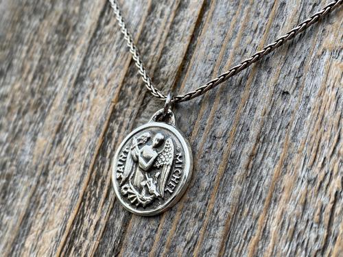 Sterling Silver St Michael Medal Necklace, Antique Replica French Saint Michael the Archangel Pendant, Saint Michel from France by Chambault