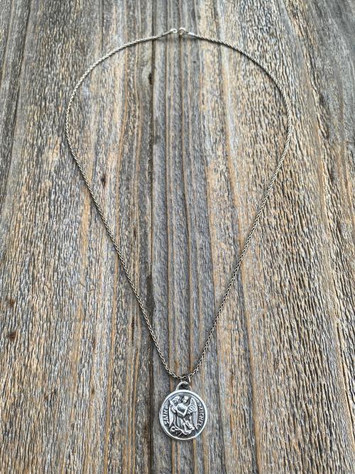 Sterling Silver St Michael Medal Necklace, Antique Replica French Saint Michael the Archangel Pendant, Saint Michel from France by Chambault
