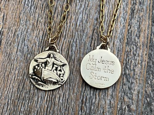 Gold Jesus Calms the Storm Medallion and Necklace, Antique Replica of a One of a Kind Rare Pendant, Hand Engraved "My Jesus Calm the Storm"