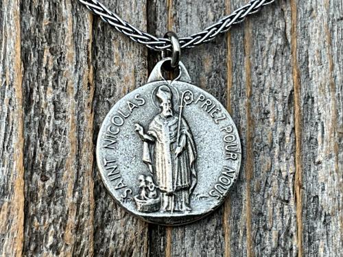 Sterling Silver St Nicolas French Medallion Necklace, Antique Replica Saint Nicholas Medal, Patron Saint of Children, France, Penin and Karo