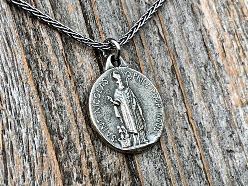 Sterling Silver St Nicolas French Medallion Necklace, Antique Replica Saint Nicholas Medal, Patron Saint of Children, France, Penin and Karo