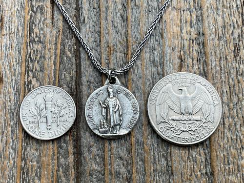 Sterling Silver St Nicolas French Medallion Necklace, Antique Replica Saint Nicholas Medal, Patron Saint of Children, France, Penin and Karo