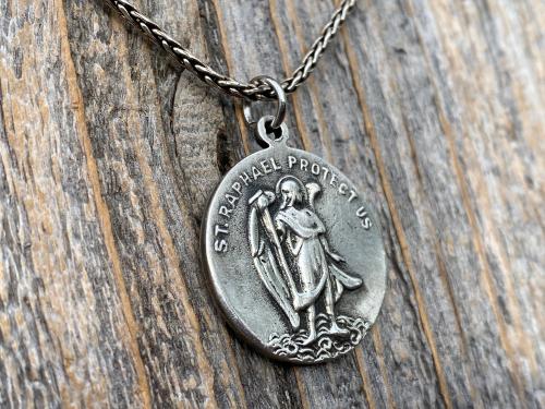 Sterling Silver Archangel Raphael & St Christopher Medallion Necklace, Antique Replica Protection 2-sided Medal, Saint Healing, Saint Safety