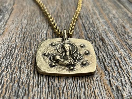 Antiqued Gold Mother Mary and Baby Jesus Medallion Necklace, Antique Replica of French Artist Elie Pellegrin Smaller Medal with Fleur de Lis